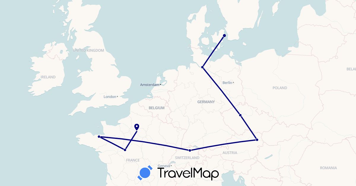 TravelMap itinerary: driving in Austria, Switzerland, Czech Republic, Germany, Denmark, France (Europe)